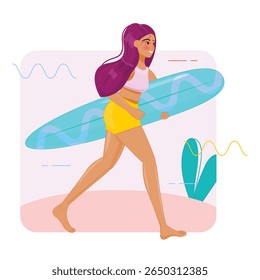 Surfista menina com prancha de surfe andando na praia, esporte aquático de verão, férias felizes, ilustração vetorial moderna