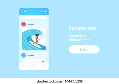 surfer girl surfing on wave young girl on surfboard summer vacation concept smartphone screen online mobile app flat full length horizontal copy space