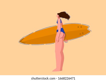 Surfer girl in trendy flat style isolated on pastel orange background. Vector simple illustration.Inspirational women illustration.A young tanned girl with long flowing hair in a swimsuit for surfing.