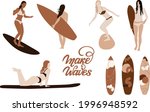 Surfer Girl Vector Illustration set, women with surfboards