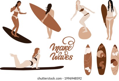 Surfer Girl Vector Illustration Set, Women With Surfboards