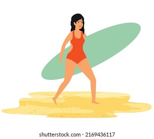 Niña surfista caminando sobre la arena sosteniendo la tabla de surf. Una mujer feliz en trajes de baño, caminando a lo largo de la playa aislada en blanco. Niña relajada que disfruta de un estilo de vida activo. Ilustración vectorial.