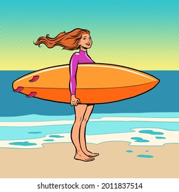 A surfer girl. Water board riding. Beach ocean waves and sea