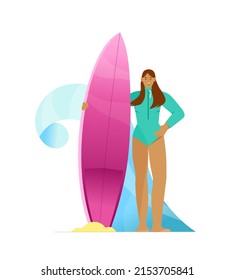 Surfer girl wearing wetsuit standing with a surfboard. Isolated character on white background, flat vector illustration
