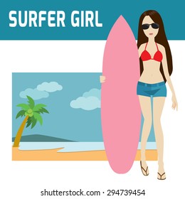 Surfer girl. woman bikini standing with Surfing Board. 
Summer Holiday Ocean Beach.
Flat icon modern design style vector illustration concept.