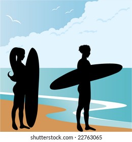 surfer girls at the beach (silhouette)