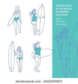 Surfer Girls at the Beach in Summer Vacation Vector Monoline Illustrations contains 4 graphic illustrations of girls holding surfboards on the beach in summer.