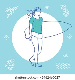 Surfer Girls at the Beach in Summer Vacation Vector Monoline Illustrations contains graphic illustrations of girl with bikini holding surfboards on the beach in summer.