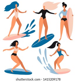 Surfer girls on boards catching waves in the sea. Cute cartoon flat people in vector. Beach summer travel lifestyle set for card, print or poster. Sport fitness concept. Young woman characters