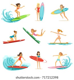 Surfer girls riding on waves set, surfboarders in different poses vector Illustrations