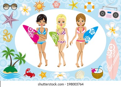 Surfer girls and sea icon
