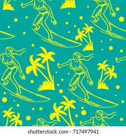 Surfer Girls Seamless Pattern Hand Drawing