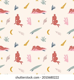 Surfer girls seamless pattern. Modern boho artistic figures art print.