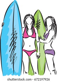 surfer girls vector illustration