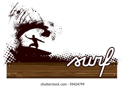 surfer with grunge wave and wood table