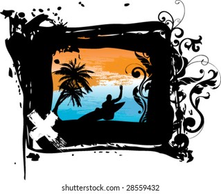 surfer with grungy flower frame