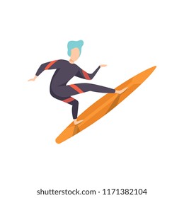 Surfer guy in swimwear riding a surfboard, young man enjoying summer vacation on the sea or ocean vector Illustration on a white background