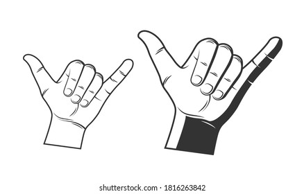 Surfer hand silhouette isolated on white background. Shaka sign. Design elements. Vector illustration