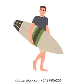 Surfer and his surfboard ready to surf while walking. Flat vector illustration isolated on white background