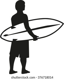 Surfer holding his surfboard and looking at the sea