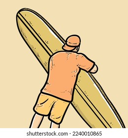 Surfer holding surf board Yellow Background vector modern illustration