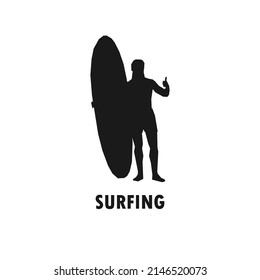Surfer holding surfboard and giving thumbs up simple black vector silhouette illustration.