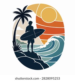 Surfer holding a surfboard standing on a cliff at sunset with waves