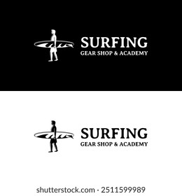 A surfer holding surfboard for surf gear shop and school academy logo design
