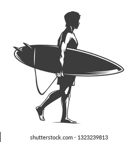 Surfer holding surfboard in vintage monochrome style isolated vector illustration