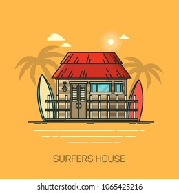 Surfer home at beach, house with surf boards at coast or shore, cabin or building with equipment for wave riding, bungalow at seashore. Exotic recreation and swimming, water theme
