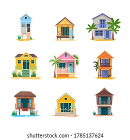 Surfer house or baywatch bungalow, beach building. Vector illustration of tropical house with palm and reeds. Nautical and marine station. Sea and ocean cabin. Maritime and water, coast, shore theme