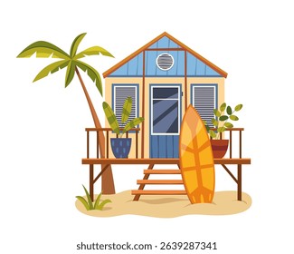 Surfer house on beach. Vector clipart of outdoor seaside hut. Wooden bungalow with palm or coastal cabana for surfers. Ocean shore architecture with surfboard. Shelter or shack for vacation travel.