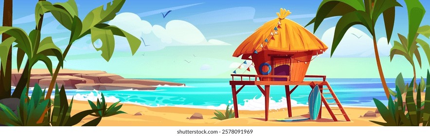 Surfer hut on sandy beach against summer seascape background. Vector cartoon illustration of tropical island with green palm trees, bamboo house with straw roof and wooden ladder, birds flying in sky