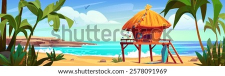 Surfer hut on sandy beach against summer seascape background. Vector cartoon illustration of tropical island with green palm trees, bamboo house with straw roof and wooden ladder, birds flying in sky