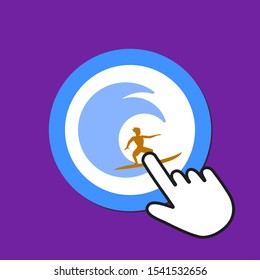 Surfer icon. Beach vacation concept. Hand Mouse Cursor Clicks the Button. Pointer Push Press