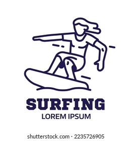 Surfer icon in line art design. Surfing school logo or emblem with surf rider man on surfboard.