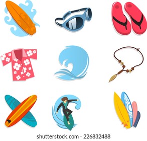 Surfer icon set, with surf board, sunglasses, flip flop, Hawaiian shirt, ocean, wave, ocean wave, necklace, boards, surfer, surfing. Vector illustration cartoon. 