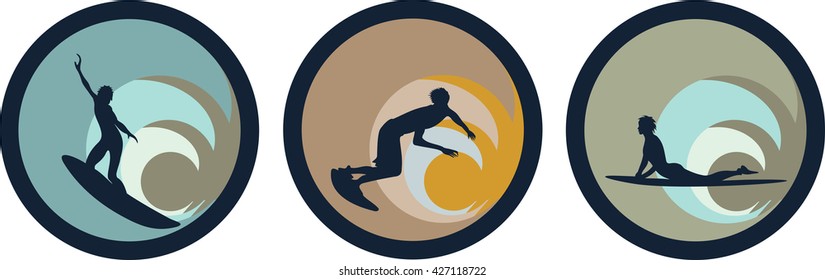 Surfer icon. silhouettes of surfers in waves in design flat style
