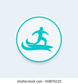 Surfer icon, surfing vector sign, man on surfing board icon on round shape, vector illustration