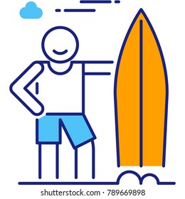 Surfer icon. Wave rider illustration. Man with surfboard concept design.