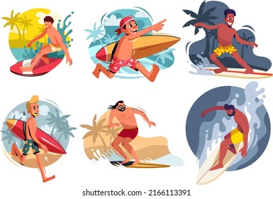 Surfer icons collection colored cartoon