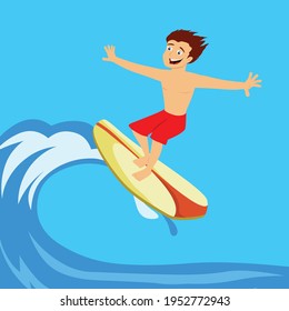 Surfer illustration vector. Happy boy surfing 