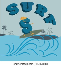 Surfer initial letter, cartoon, summer. For t-shirt or other uses. Stock Vector Illustration.