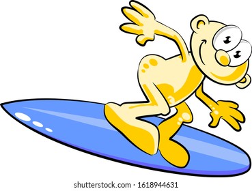 Surfer isolated on white. Illustration of a man surfing on a blue board. Conceptual image about the sport of surfing. Vector image in cartoon style, available in EPS 10.