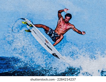 Surfer jumping over water waves, digital painting, digital illustration, texture