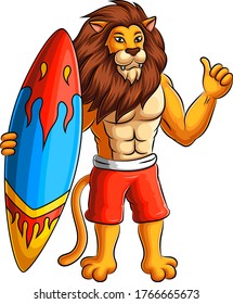 Surfer lion cartoon character design
