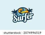surfer logo with a combination of a man, waves, beach, palm, and stylish lettering.