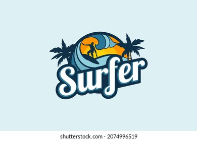 surfer logo with a combination of a man, waves, beach, palm, and stylish lettering.