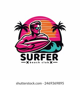 surfer logo with a combination of a man, waves, beach, palm,