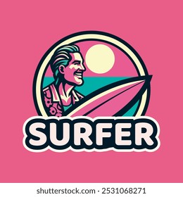 surfer logo with a combination of a man, waves, beach in isolated pink background